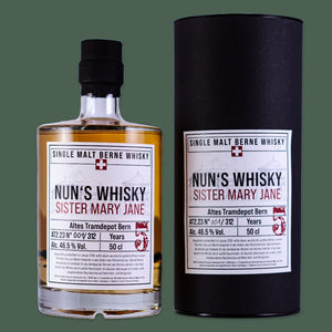 Links Whisky, rechts schwarze Banderole in der der Whisky verpackt wird.