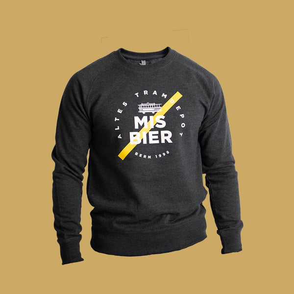 Dunkelgrauer Pullover mit grossem runden Logo vorne mittig auf der Brust. Im Logo steht "miis Bier".