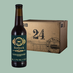 Im Vordergrund sieht man die Flasche und im Hintergrund der 24er Karton in dem die Flaschen verpackt und versendet werden.