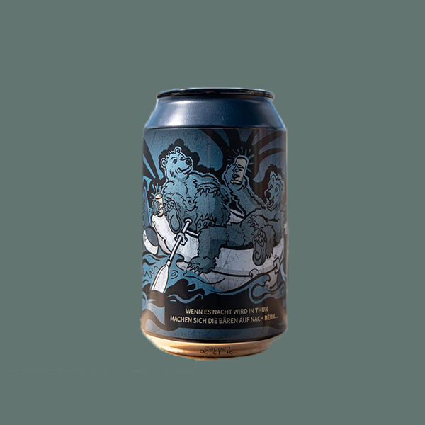 Thunbier Dose mit blauer Etikette und Bären die in einem Gummiboot sitzen.