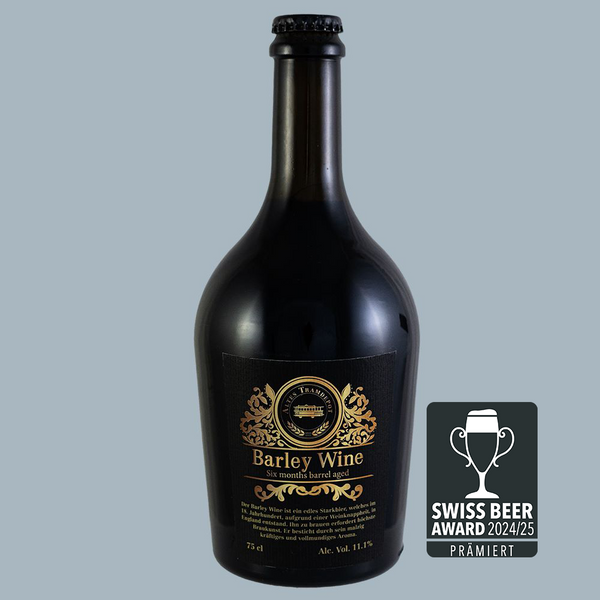 Bild von Barley Wine Flasche. Schwarze Flasche mit schwarz goldener Etikette.