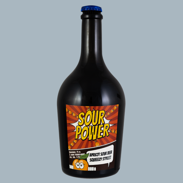 Bild von Sour Power Flasche. Farbige orange Etikette im Comic-Style. Blauer Kronkorken.