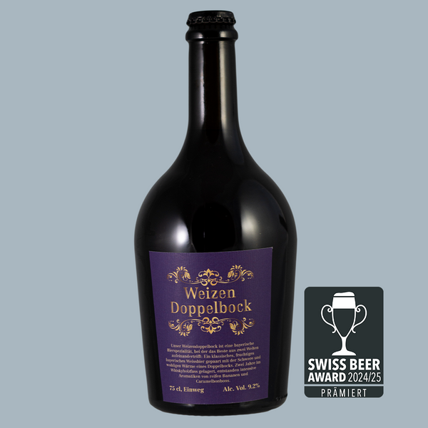 Schwarze Flasche mit schwarzem Kronkorken und violett goldenem Etikett.